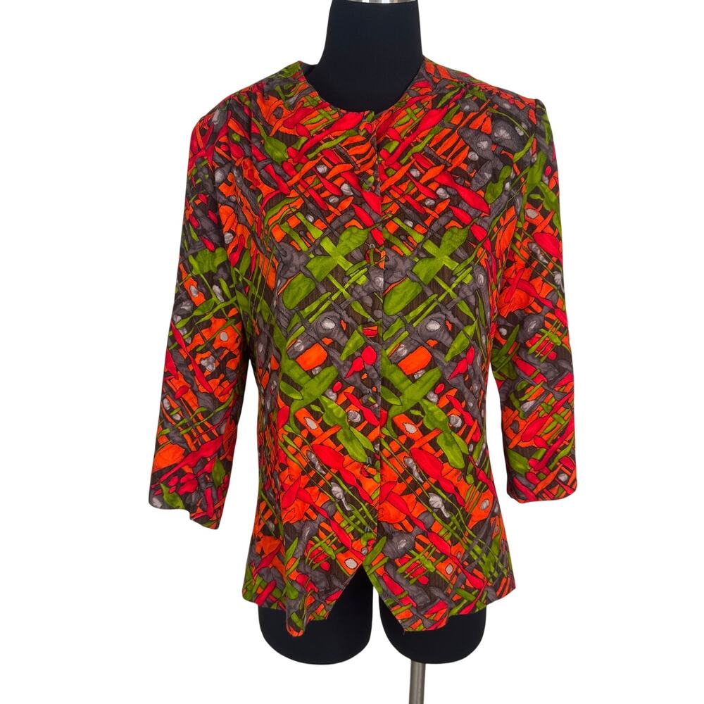 Vintage 80s Does 60s Handmade Geometric Print Blouse Jacket Abstract Mod Shacket